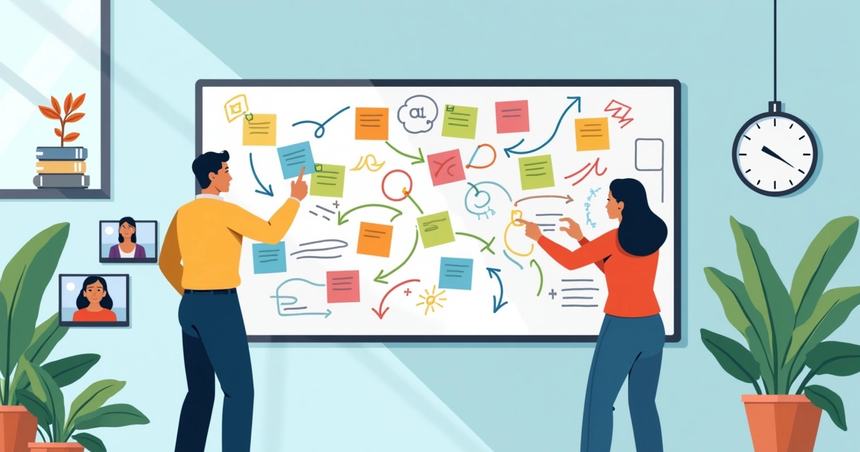 Virtual brainstorming session with digital sticky notes on a large screen 